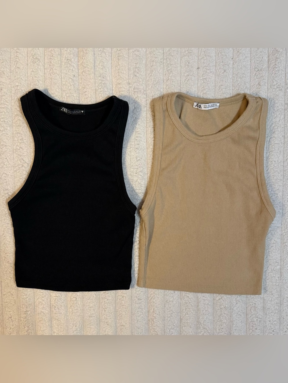 Zara Ribbed Racer Crop Tank Tops Lot Of x2 Black & Beige Size S